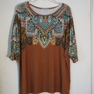 * Aimee Colorful Blouse 1XLPlus Brown Green Half Sleeve Like New Oversized